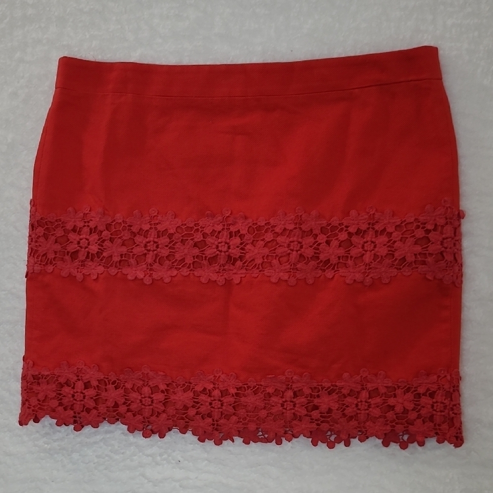 J Crew Red Crocheted Lace Trim Pencil Skirt size 12